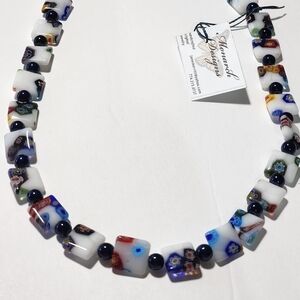 New Monarch Designs Millefiori glass square beaded necklace sterling findings